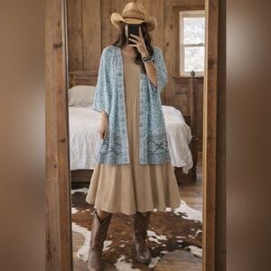 Susan Graver Printed Charmeuse Like Open-Front Cardigan 1X EUC Boho Classic 💙